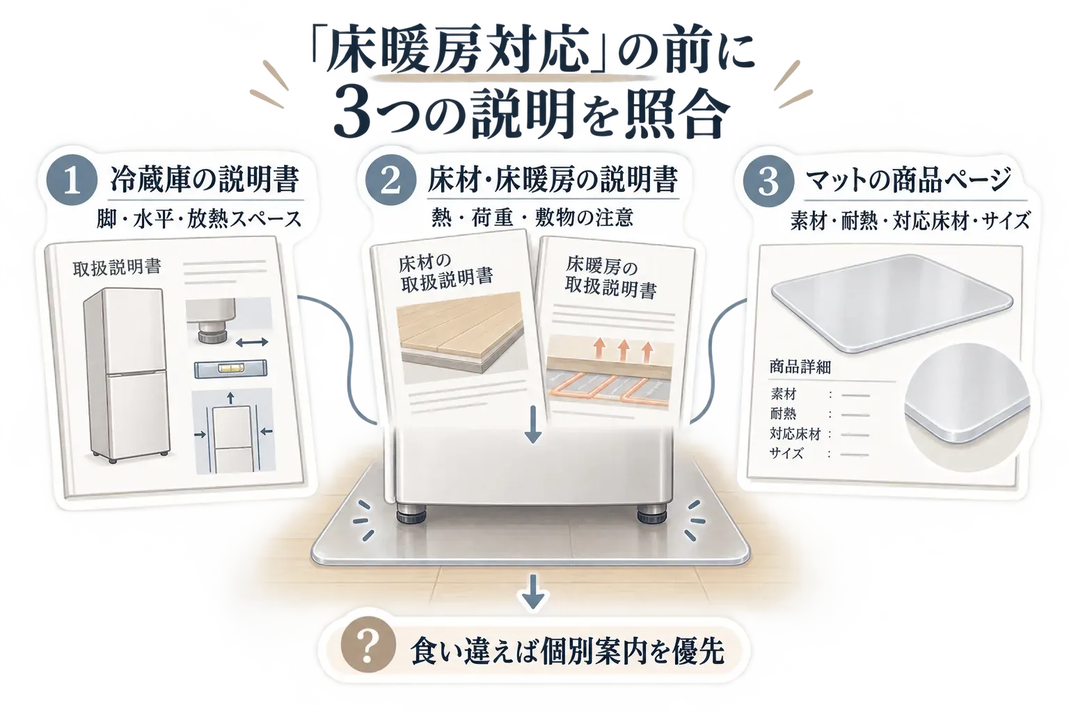 床暖房対応の冷蔵庫マットを選ぶ際、冷蔵庫の説明書で脚・水平・放熱スペース、床材・床暖房の説明書で熱・荷重・敷物の注意、マットの商品ページで素材・耐熱・対応床材・サイズを確認し、食い違いがあれば個別案内を優先する流れを示した図。出典：記事本文の照合手順