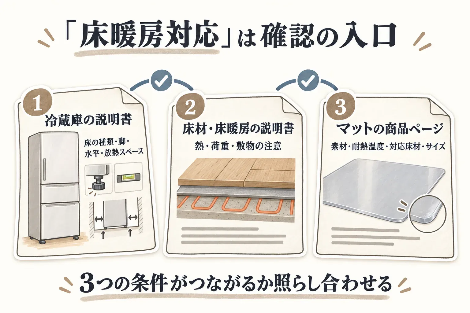「床暖房対応」は確認の入口として、冷蔵庫の説明書で床の種類・脚・水平・放熱スペース、床材・床暖房の説明書で熱・荷重・敷物の注意、マットの商品ページで素材・耐熱温度・対応床材・サイズを照らし合わせる3つの条件を示した図。出典：記事本文の照合手順