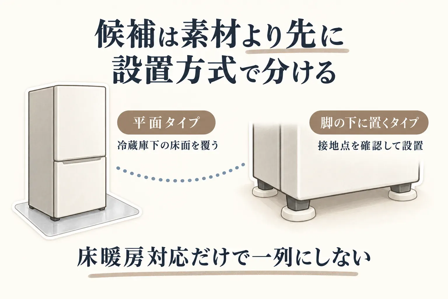 冷蔵庫下の床面全体を覆う平面タイプと、冷蔵庫の脚の下に置いて接地点を確認して設置するタイプを比較し、床暖房対応の表示だけで候補を一列に扱わないことを示した図。出典：記事本文の設置方式による候補の分け方