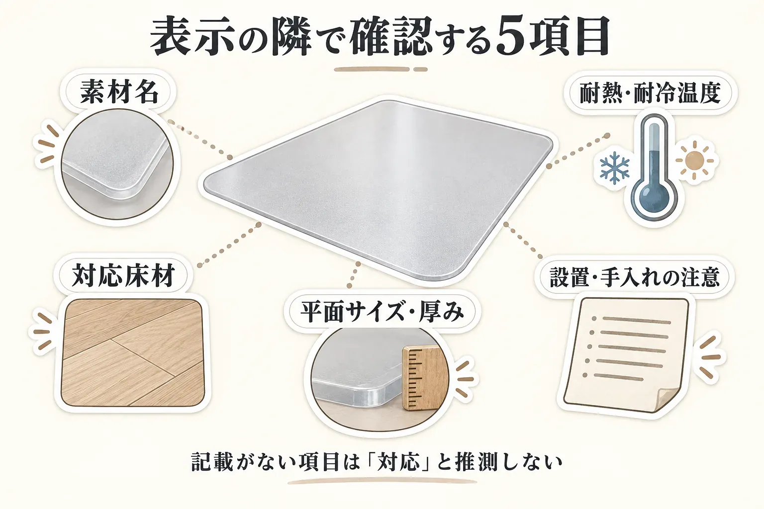 冷蔵庫マットの商品ページで床暖房対応の表示と併せて確認する5項目として、素材名、耐熱・耐冷温度、対応床材、平面サイズ・厚み、設置・手入れの注意を示し、記載がない項目は対応と推測しないよう促す図。出典：記事本文の商品ページ確認項目