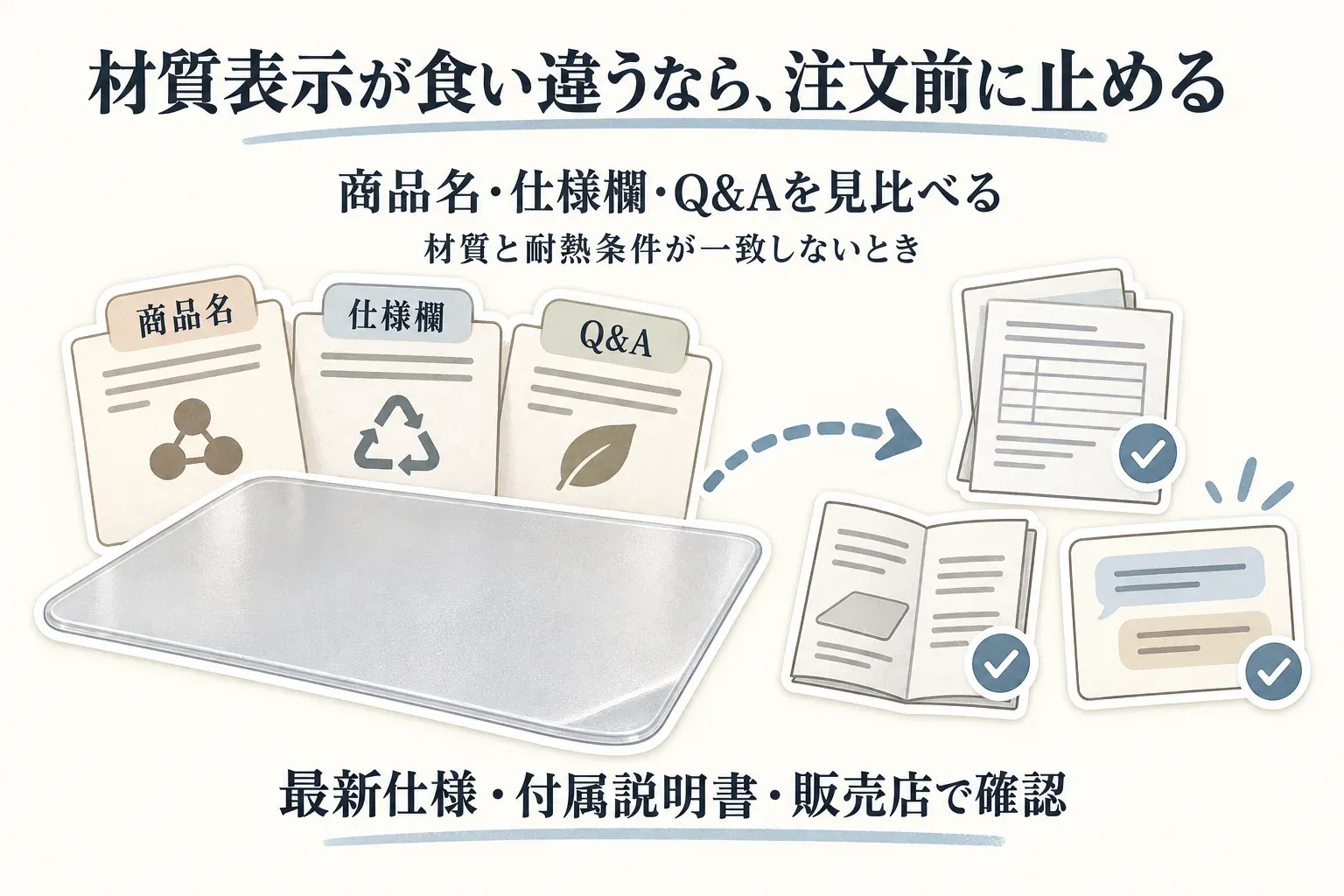 冷蔵庫マットの材質表示が食い違う場合、商品名・仕様欄・Q&Aを見比べ、材質と耐熱条件が一致しなければ注文前に止め、最新仕様・付属説明書・販売店で確認する流れを示した図。出典：記事本文の材質表示が食い違う場合の確認手順