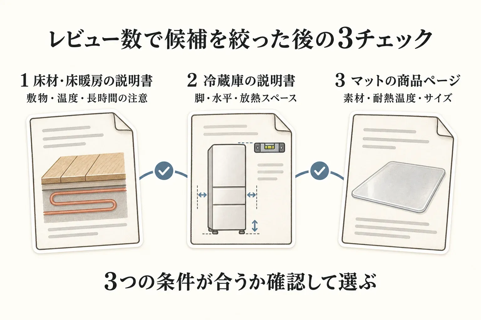 レビュー数で冷蔵庫マットの候補を絞った後、床材・床暖房の説明書で敷物・温度・長時間使用の注意、冷蔵庫の説明書で脚・水平・放熱スペース、マットの商品ページで素材・耐熱温度・サイズを確認し、3つの条件が合うかを確かめる図。出典：記事本文の確認手順