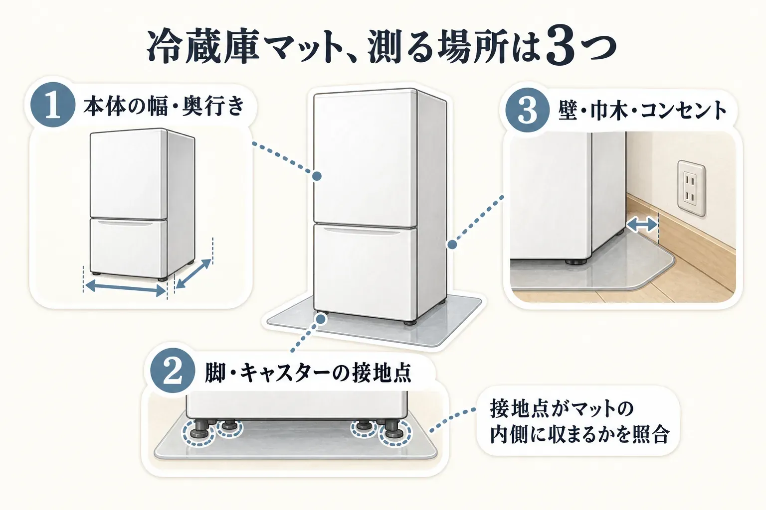 冷蔵庫マットを選ぶ前に測る3か所を示した図。本体の幅・奥行き、脚・キャスターの接地点、壁・巾木・コンセントとの距離を確認し、接地点がマットの内側に収まるか照合する。出典：記事本文の採寸手順