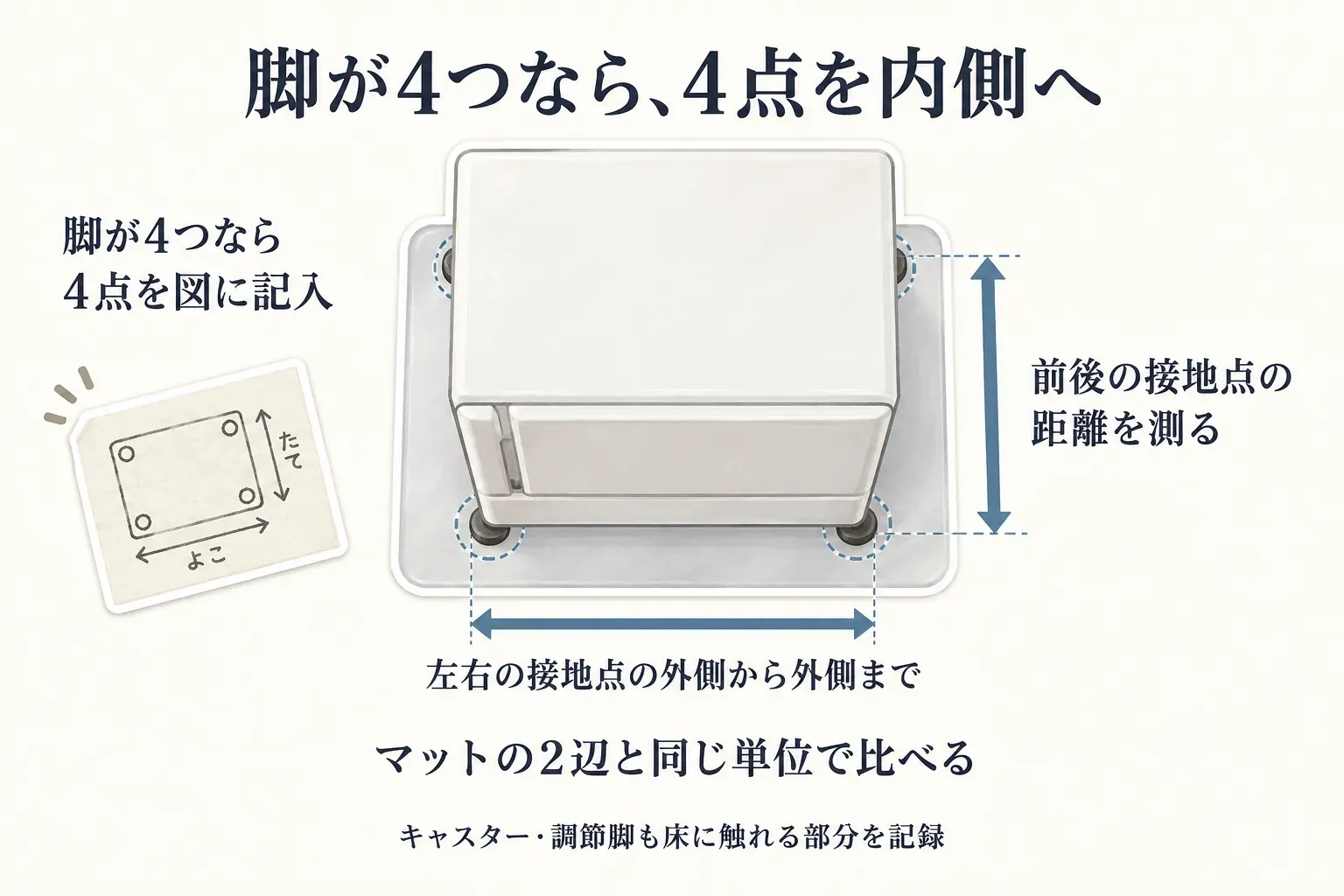 冷蔵庫を上から見た図で、4つの脚を冷蔵庫マットの内側に収める方法を示す。左右の接地点は外側から外側まで、前後の接地点は距離を測り、マットの2辺と同じ単位で比較する。キャスターや調節脚も床に触れる部分として記録する。出典：記事本文の搬入前チェック手順