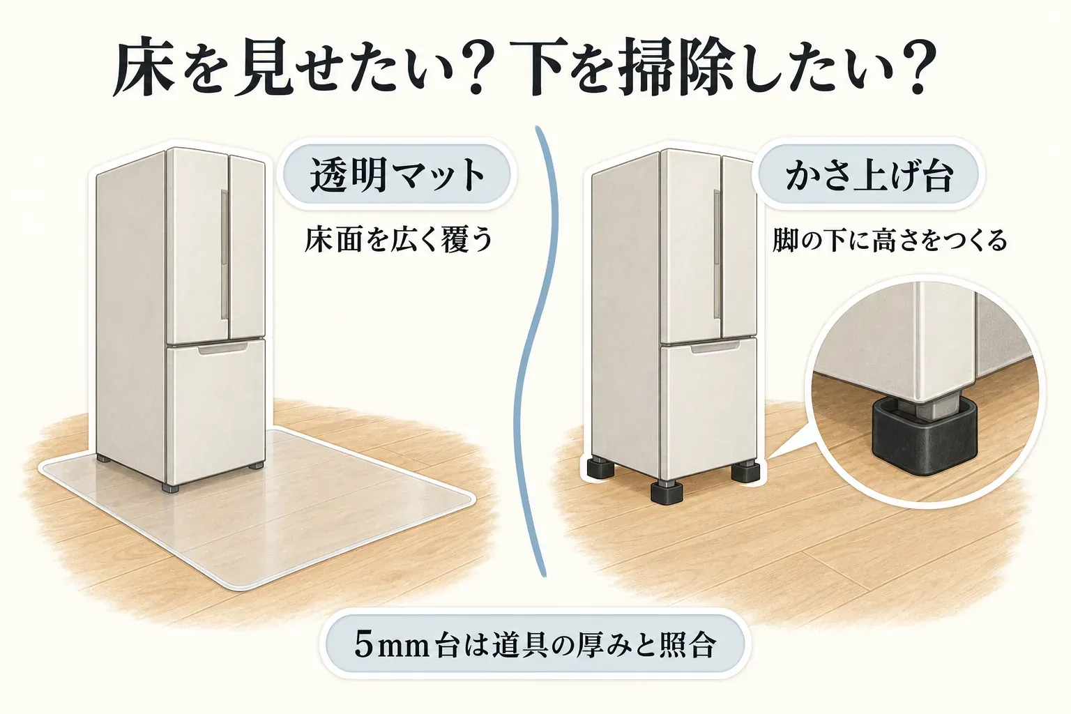 透明な平面マットで冷蔵庫下の床面を広く覆う方法と、かさ上げ台で四隅の脚の下に高さをつくる方法を比較した図。かさ上げ台が高さ5mmの場合は掃除道具の厚みと照合するよう示している。出典：記事本文の設置方式の比較