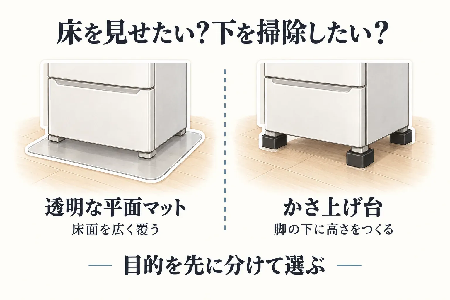 冷蔵庫の下で、透明な平面マットは床面を広く覆い、かさ上げ台は脚の下に高さをつくることを並べて示し、床を見せたいか下を掃除したいかで目的を分けて選ぶ図。出典：記事本文の選び分け